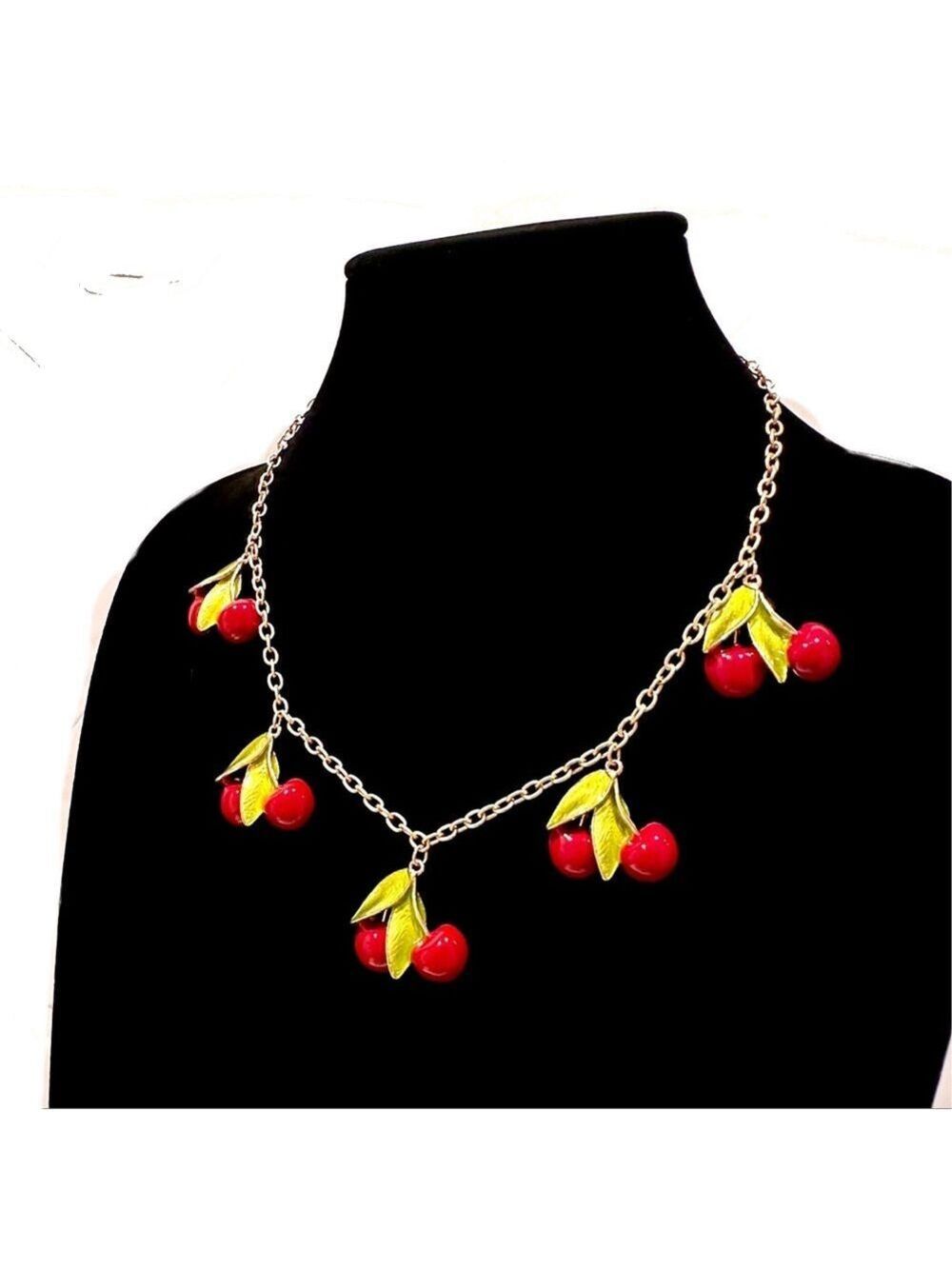 FASHIONABLE FRUIT | Cherries Jubilee Red & Green Enamel Charm Necklace​ | NIB - Picture 6 of 10